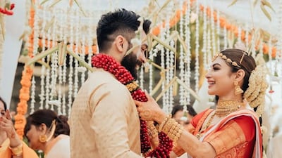 Bollywood actress Mouni Roy married Suraj Nambiar, a businessman from Dubai, in a traditional South Indian ceremony in Goa. Photo: Instagram/nambiar13
