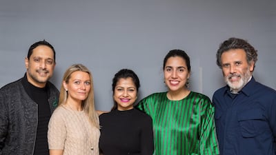 From left, Rajeeb Samdani, Vilma Jurkute, director of Alserkal Avenue, Nadia Samdani, Diana Campbell Betancourt, Abdelmonem Bin Eisa Alserkal. Courtesy Dan Weill