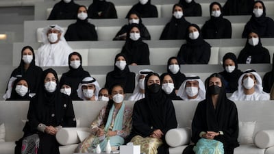 Sheikha Hassa bint Mohamed bin Hamad bin Tahnoon (3rd L) and Sheikha Salama bint Mohamed bin Hamad bin Tahnoon (4th L) attend the lecture.