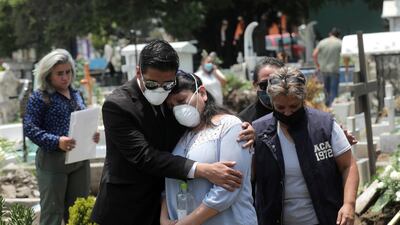Relatives react near the coffin of a man, during his funeral at cemetery in Mexico City, Mexico. Reuters
