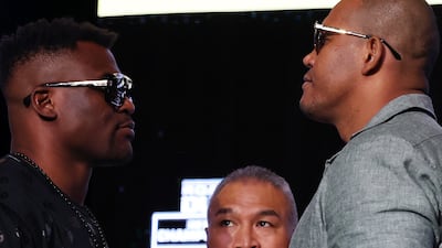 Francis Ngannou and Renan Ferreira face off at the 'Battle of the Giants' press conference. Chris Whiteoak / The National