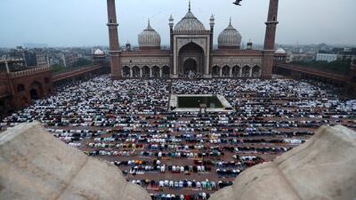 Worshippers offer prayers at Jama Masjid in New Delhi, during Eid Al Adha. EPA