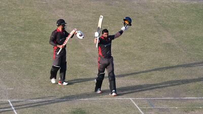 Muhammad Waseem celebrates after scoring a brilliant 66-ball 112 in the T20 World Cup Qualifier final as the UAE beat Ireland in Muscat, Oman on February 24, 2022. Photo: ICC