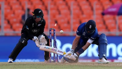 England's Jonny Bairstow is bowled out by New Zealand's Glenn Phillips. Reuters