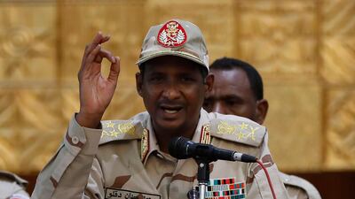 Sudanese General Mohammed Hamdan Dagalo, the deputy head of the military council, addresses a rally of supporters in Khartoum on June 16, 2019. AP Photo