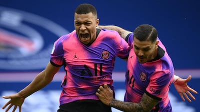 Paris Saint-Germain's Kylian Mbappe and Mauro Icardi celebrate a goal. AFP