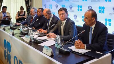 (From R) Saudi Arabia's energy minister Khalid Al Falih, Russia's energy minister Alexander Novak, Kuwait's Oil minister Essam Al Marzouk and the Opec secretary general Mohammad Barkindo. AFP