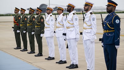 The UAE Armed Forces honour guard awaits the arrival of Mr Zelenskyy