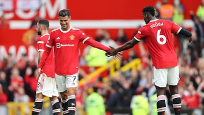 Cristiano Ronaldo celebrates with Paul Pogba during the match between Manchester United and Newcastle. Getty Images
