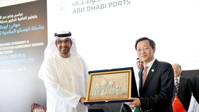 Dr Sultan Al Jaber, the UAE Minister of State and Chairman of Abu Dhabi Ports, attends the laying of the foundation stone for Cosco Abu Dhabi Container Terminal at Khalifa Port. Cosco, which signed a 35-year concession agreement with Abu Dhabi Ports in 2016, broke ground on the terminal last month. WAM
