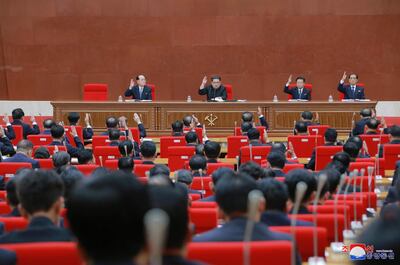 Kim Jong-un holds a meeting of Central Committee of the Workers' Party of Korea in Pyongyang, North Korea on April 20, 2018. KCNA / EPA