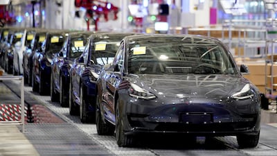Tesla's China-made Model 3 vehicles at its factory in Shanghai. Reuters