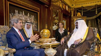 John Kerry meets with King Abdullah in Riyadh. Mr Kerry hailed the kingdom’s role as the ‘senior player’ in the Middle East’s foreign policy. Jason Reed / AP