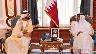 Sheikh Mohammed bin Rashid offers condolences to Sheikh Hamad bin Khalifa Al Thani (R) on the passing of his father Sheikh Khalifa bin Hamad Al Thani. Wam