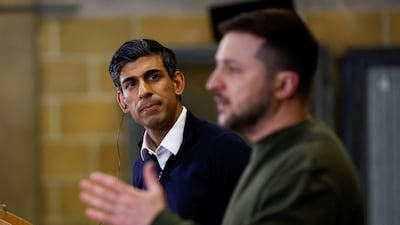 Ukrainian President Volodymyr Zelenskyy and British Prime Minister Rishi Sunak hold a news conference at an army camp in Dorset, England. Getty