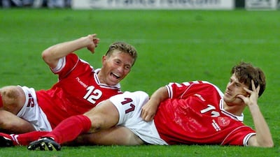 Denmark forward Brian Laudrup, right, had a couple of inspirations for his famous celebration after scoring against Brazil in the 1998 World Cup quarter-final in France. "Before the game, my son said to me ‘Dad, you’re so boring when you celebrate after the goals. Come out with something’. And I was a little inspired by Roberto Di Matteo. I remembered when watching Chelsea’s games, he scored a goal and he lay down more or less in the same way. So, I said ‘OK, if I score against Brazil, I will do something similar’." AFP