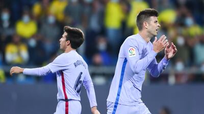 Barcelona defender Gerard Pique reacts during the match against Cadiz. Getty Images