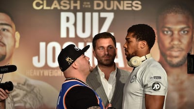 Andy Ruiz Jr and Anthony Joshua will fight for the WBA, WBO and IBF world heavyweight titles in Saudi Arabia on Saturday night. AFP