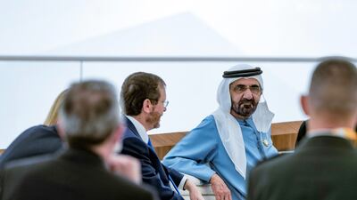 Sheikh Mohammed bin Rashid, Vice President and Ruler of Dubai, receives Israel's President Isaac Herzog at Expo 2020 Dubai. Sheikh Mohammed said that Israel's participation in the world's fair along with more than 190 countries opens up many areas for co-operation. Photo: Twitter