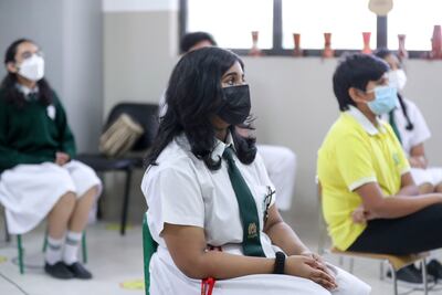 Children wear masks and socially distance at Delhi Private School at Jebel Ali, Dubai. Khushnum Bhandari / The National