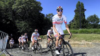 Kristoff leads UAE Team Emirates on a training ride ahead of the Grand Depart in Brussels.