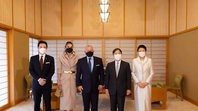 Jordan's Crown Prince Hussein, Queen Rania and King Abdullah II with Japan's Emperor Naruhito and Empress Masako during their meeting at the Imperial Palace in Tokyo. All photos: Royal Hashemite Court
