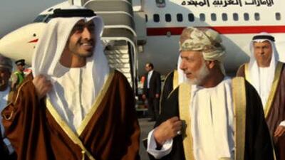 The Omani foreign affairs minister, Yussef bin Alawi, welcomes his Emirati counterpart Sheikh Abdullah bin Zayed, upon his arrival in Musact to attend the GCC ministerial meeting on Dec 28 2008.