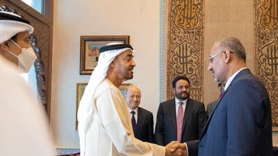 Sheikh Mohamed greets Aidarous Al Zubaidi, a member of the Presidential Leadership Council of Yemen.