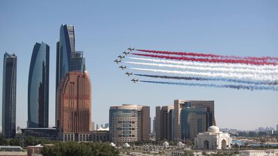 The Al Forsan aerobatic team serve up a dazzling display during the arrival of Abdel Fattah El Sisi, President of Egypt, commencing an Egyptian state visit at Qasr Al Watan. Abdullah Al Neyadi for the Ministry of Presidential Affairs ---