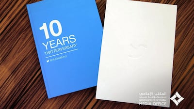 The book that Jack Dorsey, chief executive of Twitter, presented to Sheikh Maktoum bin Mohammed, Deputy Ruler of Dubai, to celebrate the 10 year anniversary of Sheikh Mohammed bin Rashid, Vice President and Ruler of Dubai, on Twitter. Courtesy Dubai Media Office