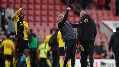Nigel Pearson celebrates Watford's win over Bournemouth which lifted the club out of the relegation zone. Reuters