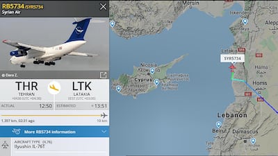 A screenshot of the route taken by an Ilyushin Il-76 jet with the registry YK-ATA between Tehran Mehrabad International Airport and Syria's Latakia. Flightradar24, screengrab