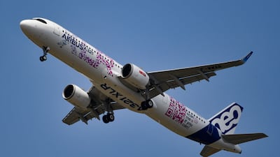 An Airbus A321 XLR jet performing an exhibition flight during the International Paris Air Show. AFP
