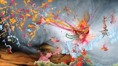 The Frey Norris Gallery is showing the largest canvas yet from Kate Eric, the collaborative identity of Kate Tedman and Eric Siemans, Bug War Over Two Blue Mountain.