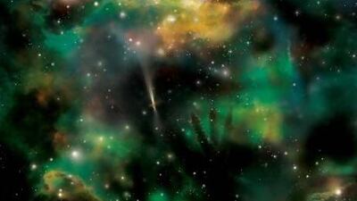 In this artist's concept, dense knots of dust in otherwise normal galaxies dim the light of a gamma ray burst in the centre. The dust absorbs most of a burst's visible light, but not gamma rays. Aurore Simonnet / Nasa / Swift