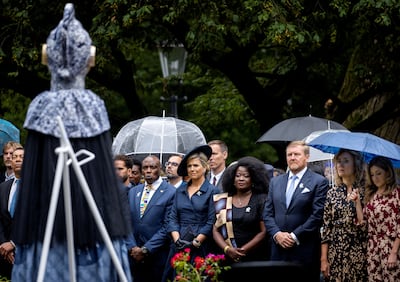 Dutch Minister for Legal Protection Franc Weerwind, Queen Maxima, King Willem-Alexander, President of the House of Representatives Vera Bergkamp, Minister of Justice and Security Dilan Yesilgoz attend the National Commemoration of Slavery in Oosterpark, in Amsterdam. Reuters