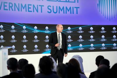 Stuart Russell, professor of electrical engineering and computer sciences at the University of California, Berkeley, speaks at the government summit on Monday. Reem Mohammed / The National