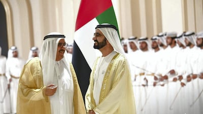 Sheikh Mohammed bin Rashid, Vice President and Ruler of Dubai, and Sheikh Hamdan bin Rashid, Minister of Finance, attend the wedding of the wedding of Sheikh Hamdan bin Mohammed, Crown Prince of Dubai, Sheikh Maktoum bin Mohammed, Deputy Ruler of Dubai, and Sheikh Ahmed bin Mohammed, Chairman of the Mohammed bin Rashid Al Maktoum Knowledge Foundation, on Thursday at Dubai World Trade Centre. Courtesy Dubai Media Office
