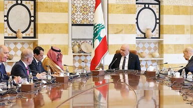 Lebanese President Joseph Aoun meets envoys including Yazid bin Farhan of Saudi Arabia, fourth from left, and French envoy Jean-Yves Le Drian, right, at the Presidential Palace in Baabda on Wednesday. AFP