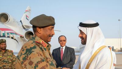Sheikh Mohamed bin Zayed receives Lieutenant General Abdel Fattah Al Burhan Abdelrahman, Head of Transitional Military Council of Sudan, at the Presidential Airport. Mohamed Al Hammadi / Ministry of Presidential Affairs