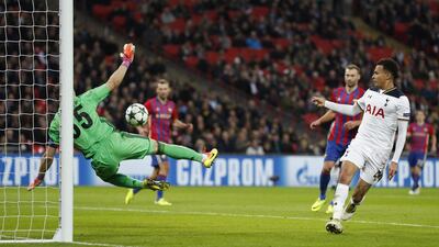 Tottenham's Dele Alli shoots at goal before CSKA Moscow's Igor Akinfeev scores an own goal, the third for Tottenham in the Champions League match. John Sibley / Reuters