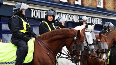 epa05195952 Mounted police outside the White Hart Lane stadium before the English Premier League soccer match between Tottenham Hotspur and Arsenal FC in London, Britain, 05 March 2016. EPA/ANDY RAIN EDITORIAL USE ONLY. No use with unauthorized audio, video, data, fixture lists, club/league logos or 'live' services. Online in-match use limited to 75 images, no video emulation. No use in betting, games or single club/league/player publications.