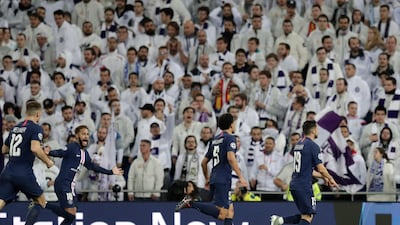 PSG's Pablo Sarabia celebrates scoring his side's secod goal during at the Bernabeu. AP