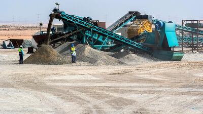 The 60-metre long crusher turns huge stones into gravel that can be used on the country's roads.