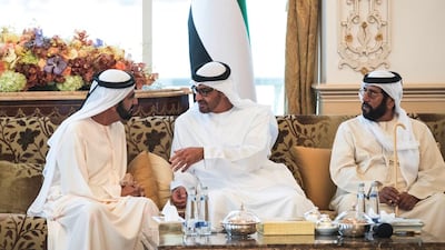 Sheikh Mohammed bin Rashid, Vice President and Ruler of Dubai, Sheikh Mohammed bin Zayed, Crown Prince of Abu Dhabi and Deputy Supreme Commander of the Armed Forces, and Sheikh Tahnoon bin Mohammed, Ruler’s Representative of the Eastern Region of Abu Dhabi, speak at a Sea Palace barza. Ryan Carter / Crown Prince Court — Abu Dhabi