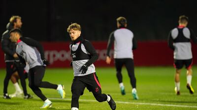 Liverpool's Harvey Elliott during a training session. PA