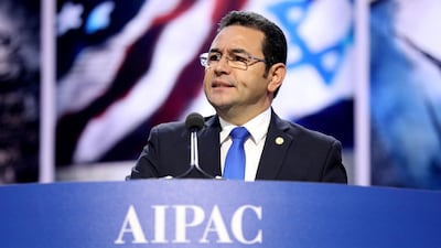 Guatemalan President Jimmy Morales speaks to AIPAC Policy Conference in Washington, DC in this handout photograph released to Reuters by the Guatemala Presidency, on March 4, 2018. Reuters