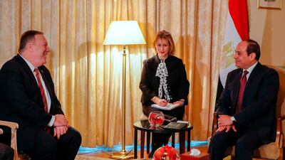 US Secretary of State Mike Pompeo (L) meets Egyptian President Abdul Fattah al-Sisi for bi-lateral talks prior a Peace summit on Libya in Berlin on January 19, 2020. World powers on January 19, 2020 gather in Berlin to make a fresh push for peace in Libya, in a desperate bid to stop the conflict-wracked nation from disintegrating into a "second Syria". Leaders of Russia, Turkey and France are due in Berlin for talks held under the auspices of the United Nations, which want to extract a pledge from foreign powers wielding influence in the region to stop interfering in the conflict, be it through the provision of weapons, troops or financing. / AFP / Odd ANDERSEN