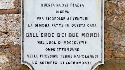 The plaque of a piazza dedicated to Italian politician Giuseppe Garibaldi, who stayed at the estate in 1867. Courtesy: Essentis Properties