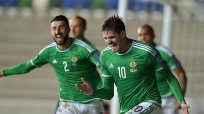Northern Ireland’s Kyle Lafferty celebrates a goal during a Euro 2016 qualifying match last month against Hungary. Charles McQuillan / Getty Images / September 7, 2015